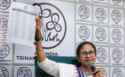 West Bengal Chief Minister Mamata Banerjee during the release of the TMC candidate list for the upcoming elections. Pic/PTI